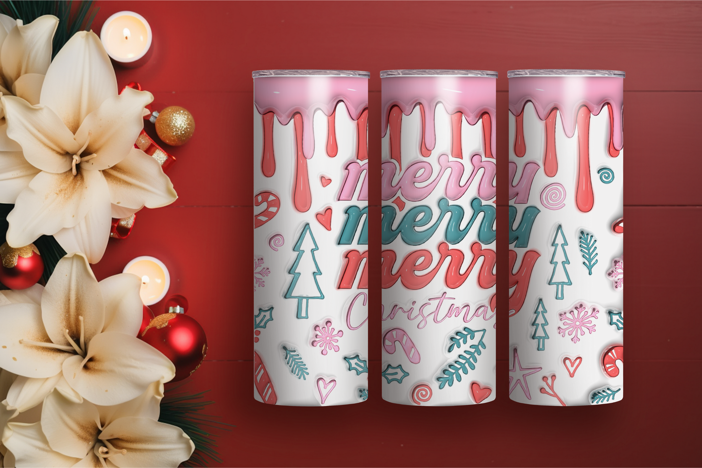 Pink Drip Merry Merry Merry Christmas 20oz Skinny Tumbler