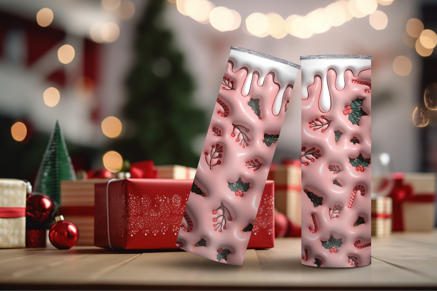 Pink Candy Cane Drip 3D Inflated 20oz Skinny Tumbler