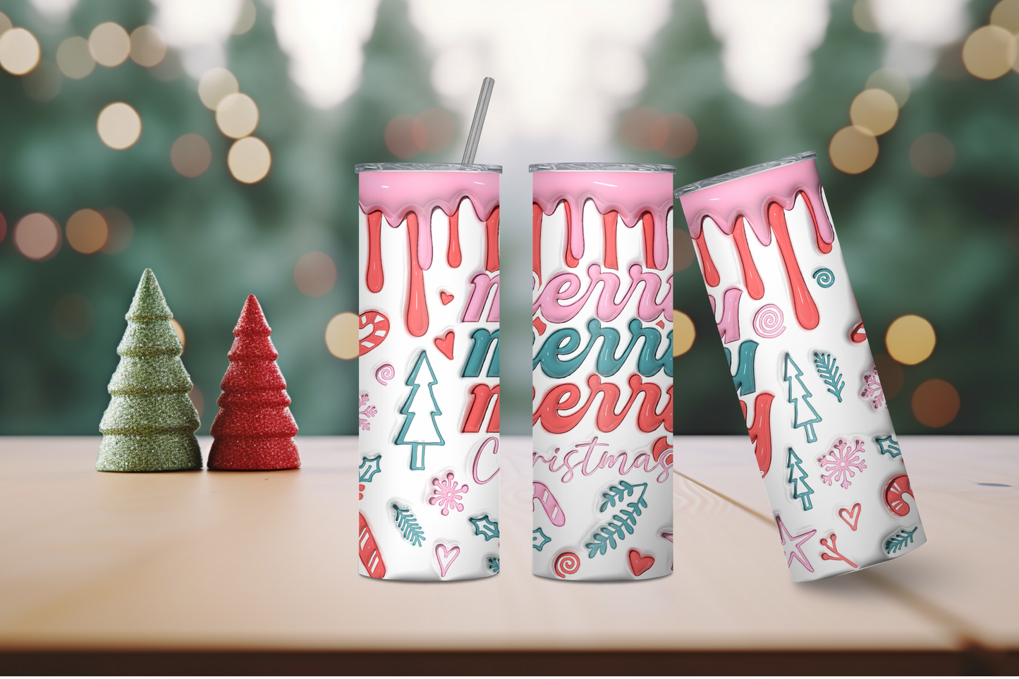 Pink Drip Merry Merry Merry Christmas 20oz Skinny Tumbler