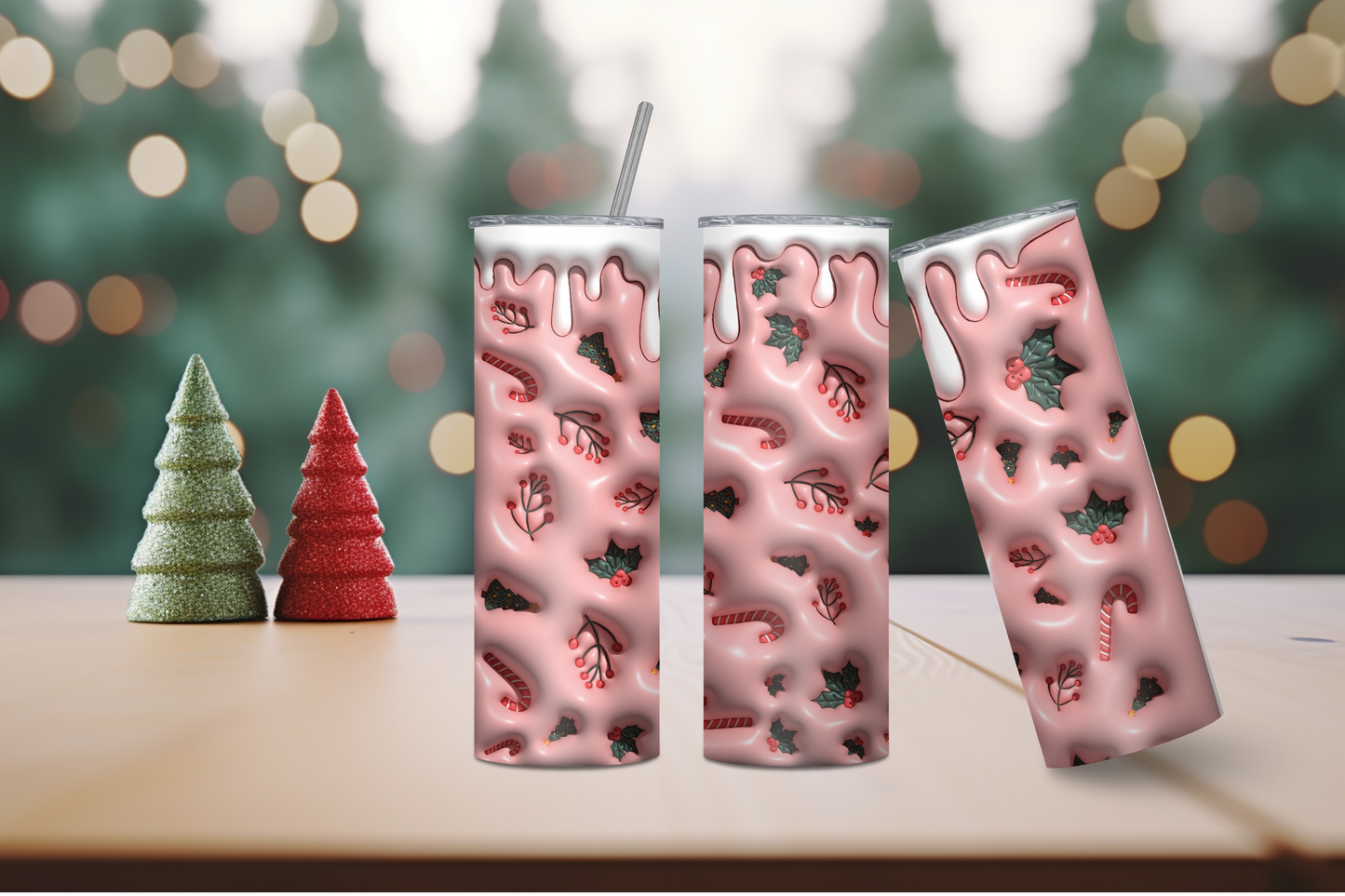 Pink Candy Cane Drip 3D Inflated 20oz Skinny Tumbler